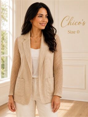 Chico’s Size 0 Small 4/6 Linen Blazer Mesh Back Sleeves Beige Jacket